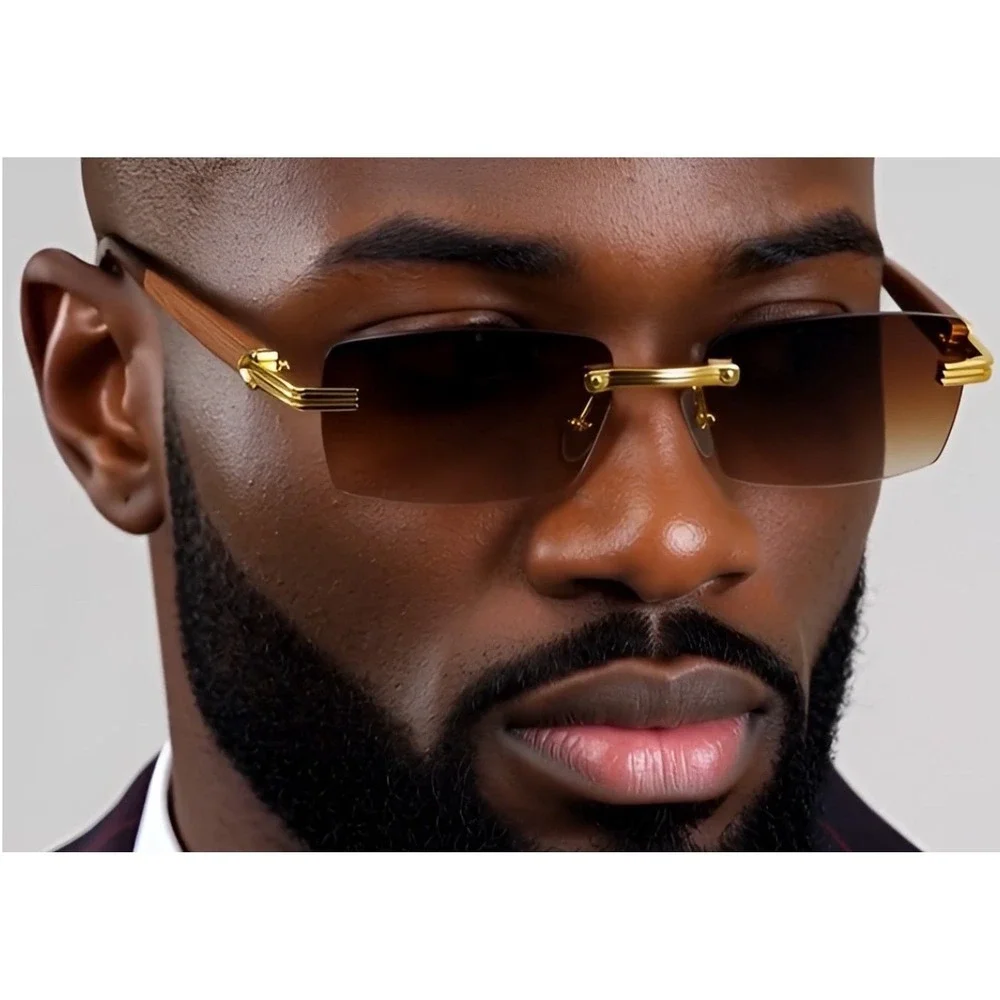 Rimless Rectangle Sunglasses Gold Accents Wood Arms Brown Gradient Lens Hip‎ Hop